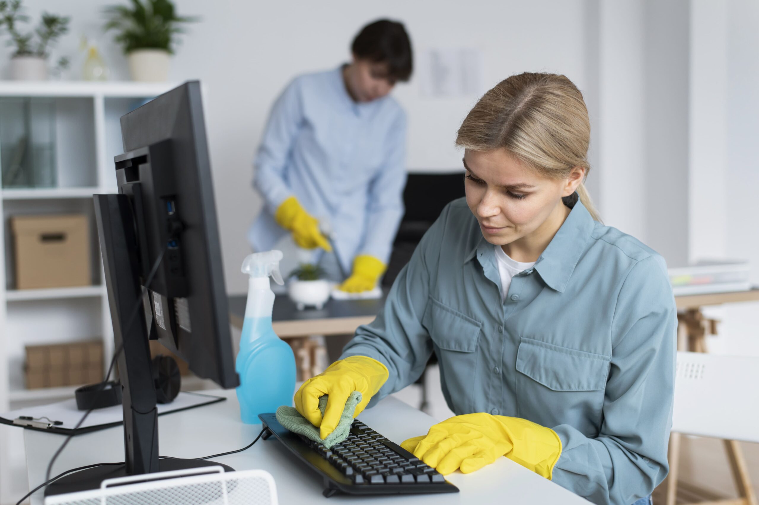 Professional cleaners sanitizing a modern office space